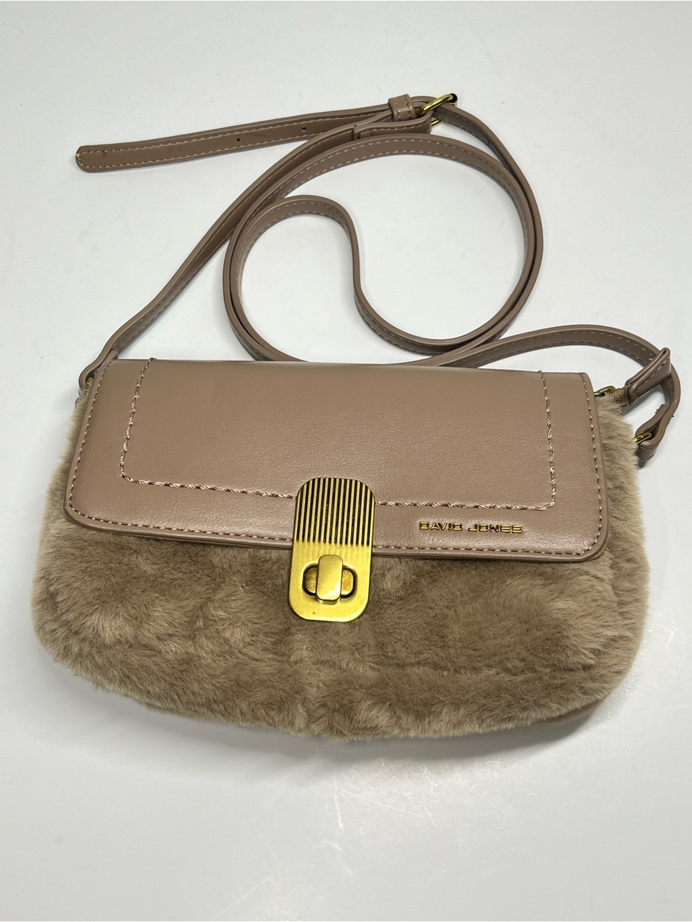DAVID JONES Cream Tan Fur crossbody Bag. Gold detail